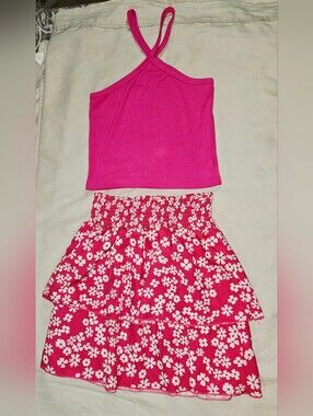 Girls Size 10 Pink Halter Tank Top & Floral Tiered Ruffle Skirt Matching Set